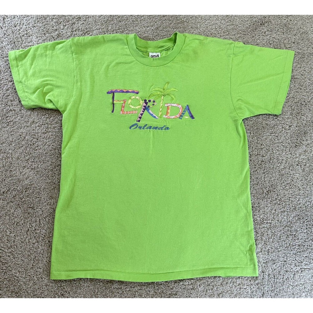 Vintage Anvil Orlando Florida Embroidered T-Shirt Men’s Large Neon Green